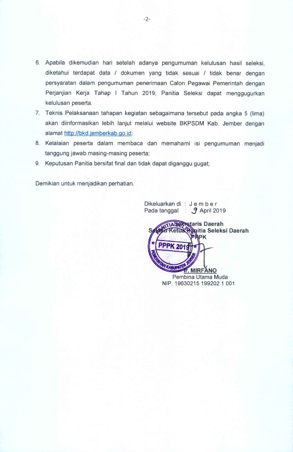 Pengumuman Hasil Kelulusan PPPK Tahun 2019 Kabupaten Jember – BKPSDM
